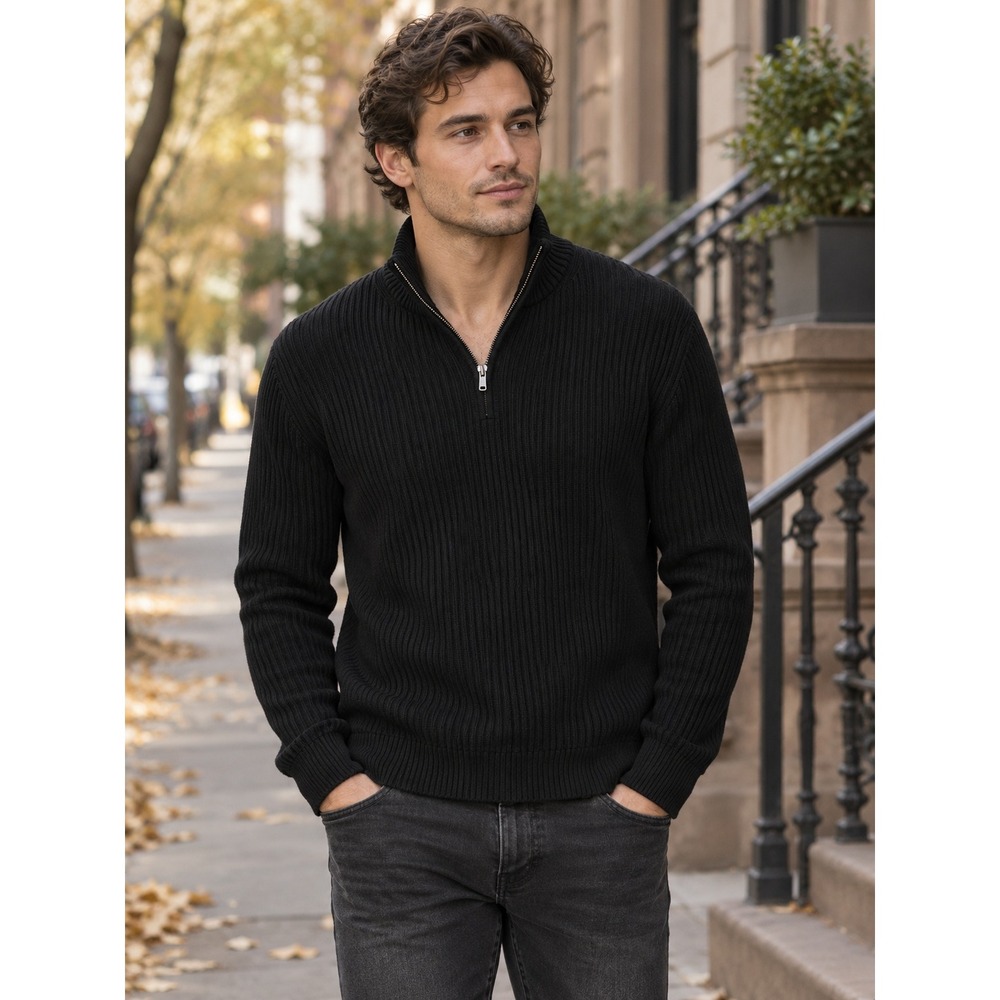 Calvin Klein Quarter-Zip Sweater Mens Size M Black Ribbed Cotton Pullover